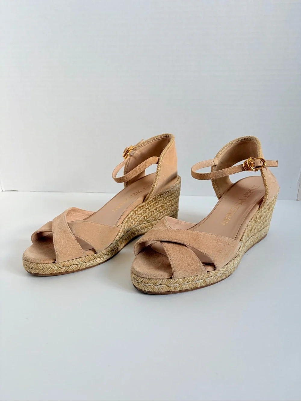 Stuart Weitzman Espadrille Wedge Sandals Platform Suede Raffia Tan Beige Size 9 - Picture 2 of 14